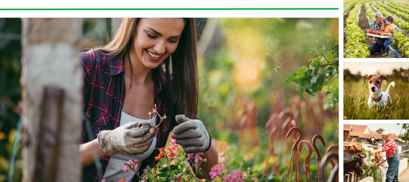A woman in a plaid shirt tends to flowers in a garden, smiling warmly. Side images show a farmer in a field, a happy dog, and people harvesting crops.