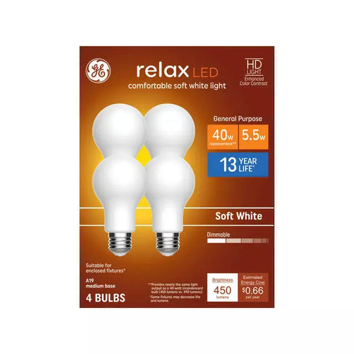GE Relax HD A19 LED Light Bulbs General Purpose Bulbs 40 Watt Replacement Soft White