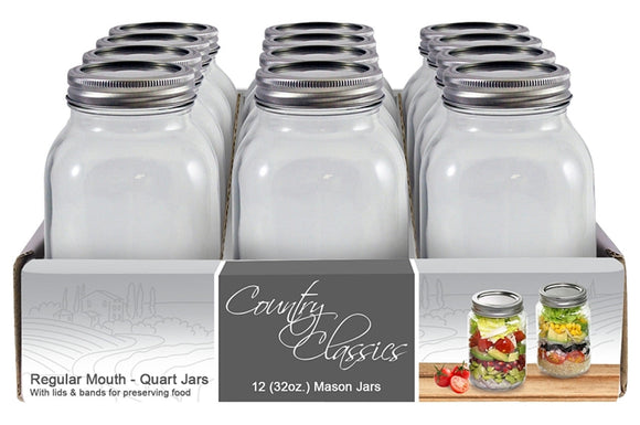 Country Classics Regular Mouth Glass Canning Jars (12-Pack 1 Quart 32 oz)